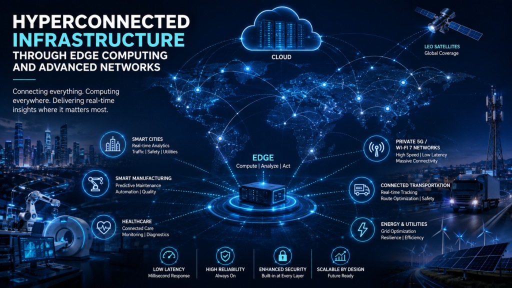 Hyperconnected Infrastructure Through Edge Computing and Advanced Networks **Alt Text:**
A futuristic infographic titled **"Hyperconnected Infrastructure Through Edge Computing and Advanced Networks"** illustrates how modern connectivity enables real-time computing and intelligent decision-making across a globally connected enterprise. At the center, an edge computing platform processes and analyzes data locally while remaining connected to cloud infrastructure above and a worldwide network map that visualizes interconnected digital communications.
The graphic highlights the technologies powering this ecosystem, including cloud computing, edge computing, private 5G, Wi-Fi 7, and low Earth orbit (LEO) satellite communications. Surrounding callouts demonstrate real-world applications in smart cities, smart manufacturing, healthcare, connected transportation, and energy and utilities, emphasizing capabilities such as predictive maintenance, real-time analytics, route optimization, grid resilience, and connected patient care.
Visual elements include a cloud data center, satellite, cellular tower, autonomous manufacturing equipment, medical imaging technology, commercial transportation, wind turbines, and solar panels, illustrating the broad impact of advanced networking across industries. A row of key infrastructure benefits at the bottom highlights low latency, high reliability, enhanced security, and scalable-by-design architecture, reinforcing the theme of resilient, intelligent, and globally connected digital infrastructure.