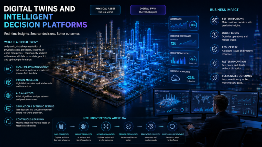 Digital Twins and Intelligent Decision Platforms **Alt Text:**
A modern infographic titled **"Digital Twins and Intelligent Decision Platforms"** illustrates how digital twin technology combines real-world operational data with artificial intelligence to improve enterprise decision-making. At the center, a detailed industrial facility is split into two synchronized views: the physical asset on the left and its digital twin on the right. The virtual model displays real-time operational dashboards showing equipment performance, predictive maintenance metrics, energy optimization, and emissions monitoring, demonstrating how digital twins continuously mirror and analyze physical operations.
The left panel explains the core capabilities of digital twins, including real-time data integration from IoT sensors and enterprise systems, high-fidelity virtual modeling, AI-driven analytics, simulation and scenario testing, and continuous learning that refines predictions over time. Along the bottom, an intelligent decision workflow illustrates the lifecycle from data collection and insight generation to scenario simulation, decision optimization, real-world execution, and continuous improvement.
On the right, a business impact panel highlights the organizational benefits of digital twins, including better decision-making through predictive insights, lower operating costs, reduced business risk, faster innovation by testing changes virtually before deployment, and more sustainable operations that support environmental, social, and governance (ESG) objectives. In the foreground, a business professional monitors multiple analytics dashboards, reinforcing the role of digital twins as intelligent decision platforms that enable executives to optimize operations, anticipate future outcomes, and make data-driven strategic decisions.