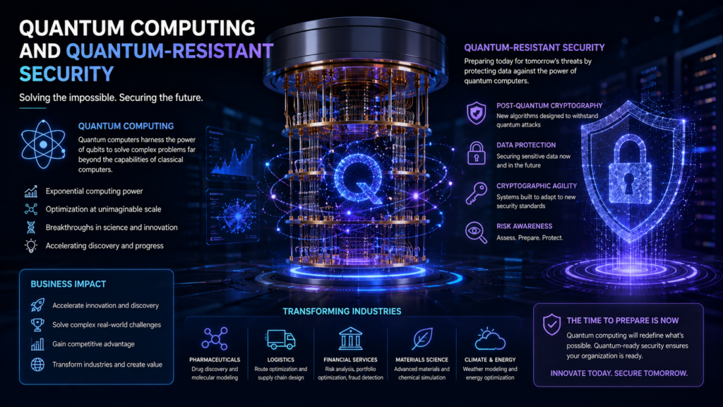 Quantum Computing and Quantum-Resistant Security **Alt Text:**
A futuristic infographic titled **"Quantum Computing and Quantum-Resistant Security"** illustrates the dual promise of quantum computing and the importance of preparing for post-quantum cybersecurity. At the center, a glowing quantum computer with a luminous quantum "Q" symbol represents the immense computational power of qubits and their potential to solve problems beyond the capabilities of classical computers. Interactive data visualizations and quantum-inspired graphics reinforce themes of advanced computation and scientific innovation.
The left side explains the business potential of quantum computing, highlighting exponential computational power, large-scale optimization, scientific breakthroughs, and accelerated discovery. A business impact panel emphasizes benefits such as faster innovation, solving complex real-world challenges, gaining competitive advantage, and transforming industries. Along the bottom, icons illustrate key sectors expected to benefit, including pharmaceuticals, logistics, financial services, materials science, and climate and energy research.
The right side focuses on **quantum-resistant security**, featuring a holographic shield with a secure padlock that symbolizes protection against future quantum-enabled cyber threats. Supporting callouts describe post-quantum cryptography, long-term data protection, cryptographic agility, and organizational risk awareness. A concluding message encourages organizations to begin preparing today by adopting quantum-ready security strategies, emphasizing that proactive planning is essential to protecting sensitive data in the quantum era.