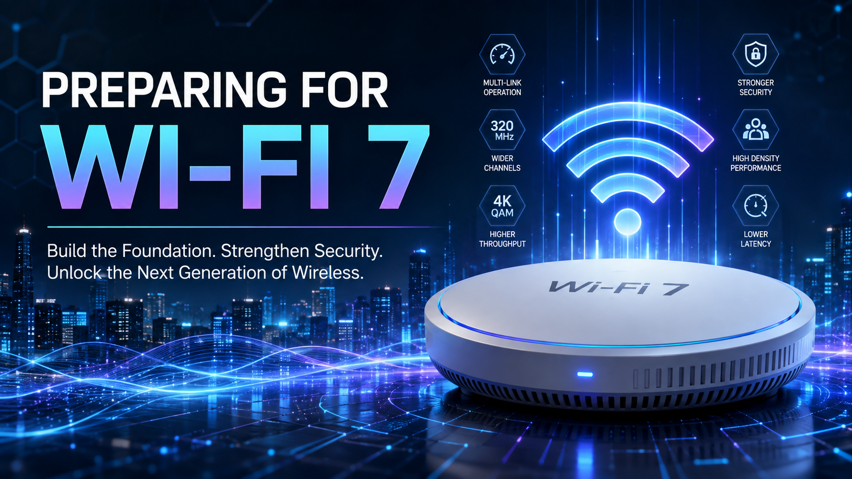 Futuristic Wi-Fi 7 blog header featuring a glowing wireless signal above a next-generation access point, with a digital city backdrop and callouts for multi-link operation, 320 MHz channels, 4K-QAM, stronger security, higher-density performance, and lower latency.